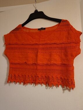 Bright Orange Crochet Short Sleeve Top - Unbranded